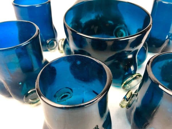Antique Italian Art Glass Lemonade Set / Jug And Glasses / Blue Hand Blown Retro